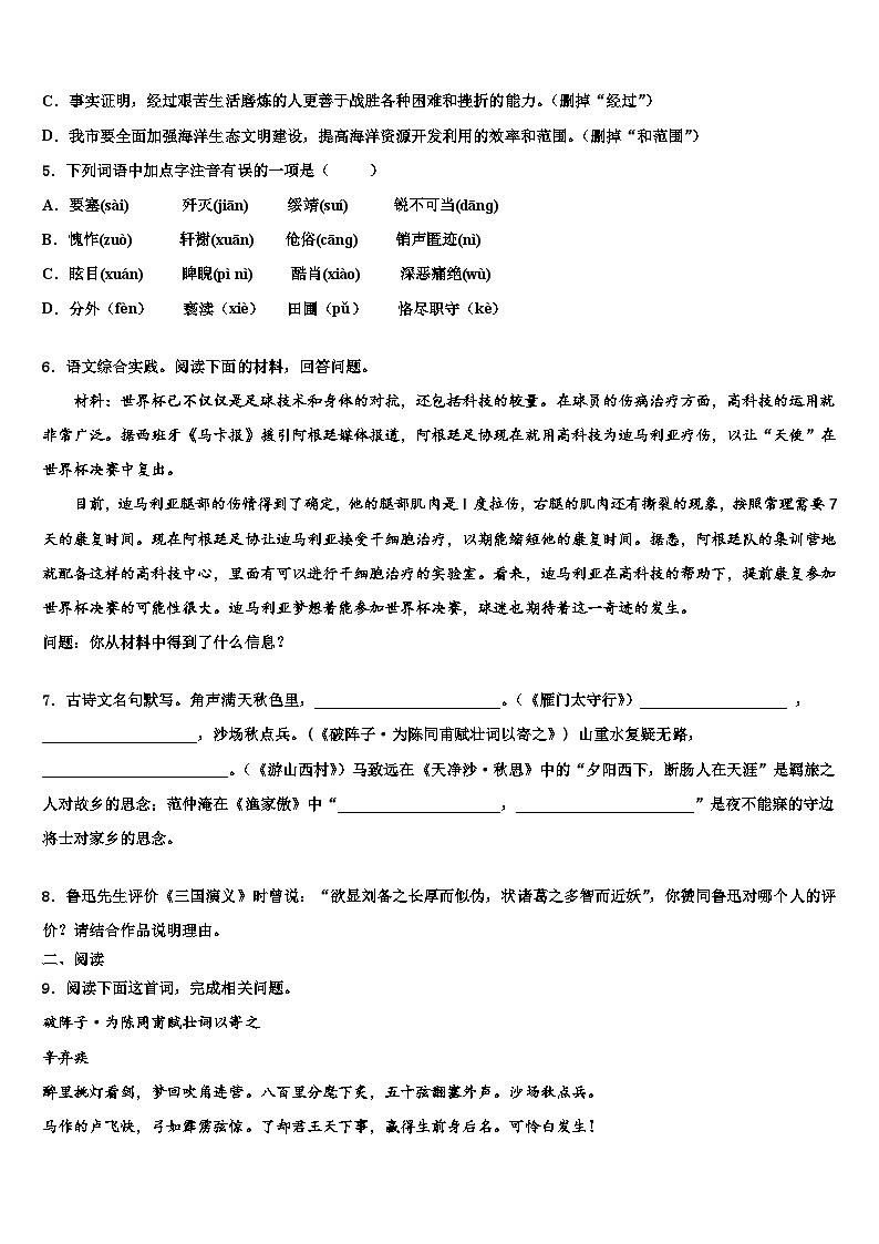 2023届河北唐山丰南区重点达标名校中考语文考试模拟冲刺卷含解析02