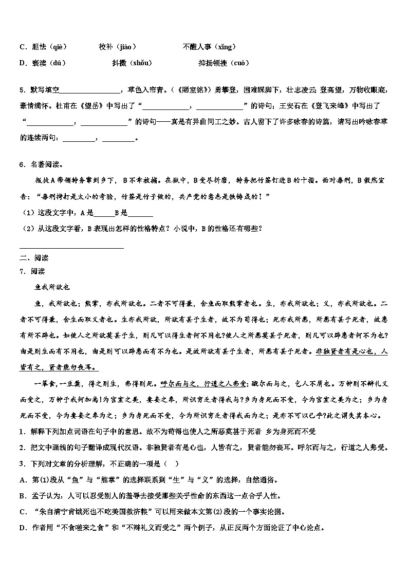 2023届湖南省衡阳市耒阳市重点中学中考语文适应性模拟试题含解析02