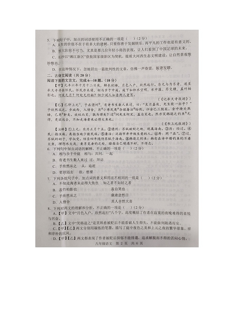 山东省济宁市金乡县2023-2024学年八年级上学期10月月考语文试题第3页