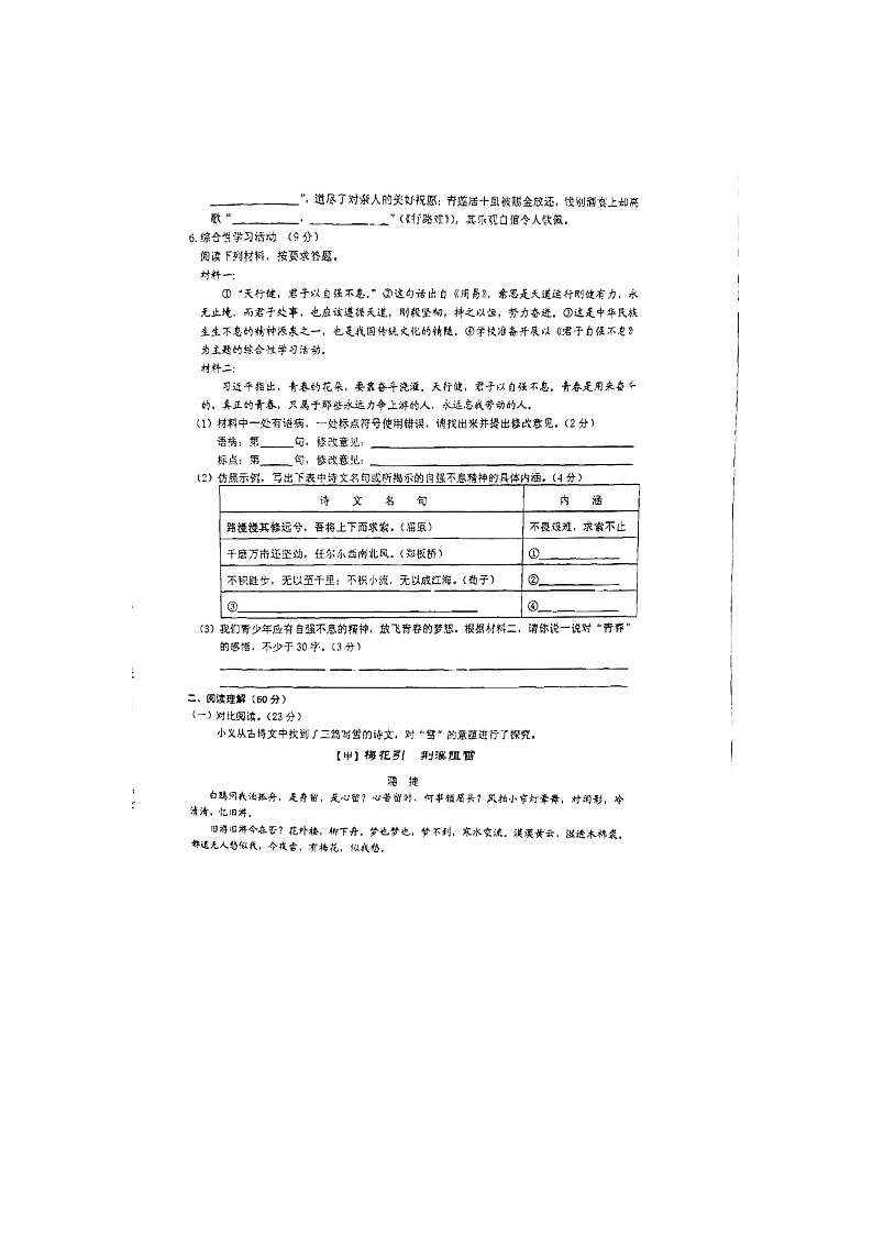 江苏省泰州市第二中学附属初中2023-2024学年九年级上学期10月月考语文试题02