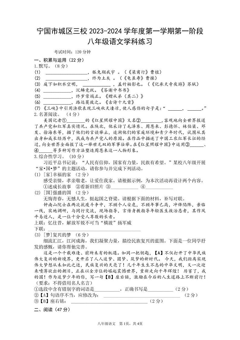 安徽省宣城市宁国市城区三校联考2023-2024学年八年级上学期第一次月考语文试题01