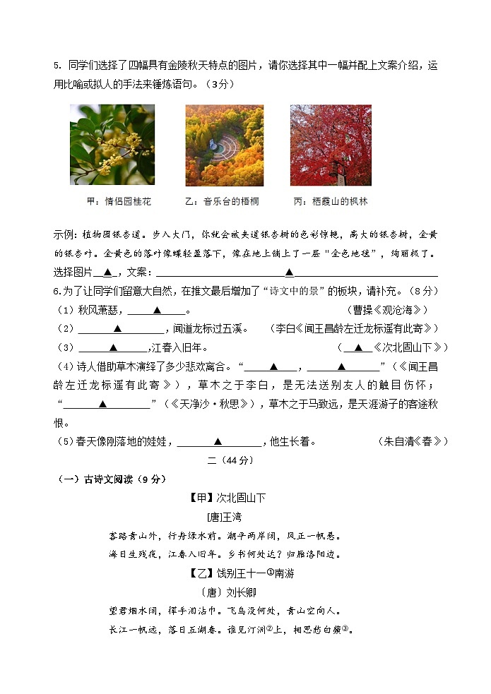 江苏省南京市玄武区某校2023-2024学年七年级上学期国庆作业检查语文试卷(月考)02