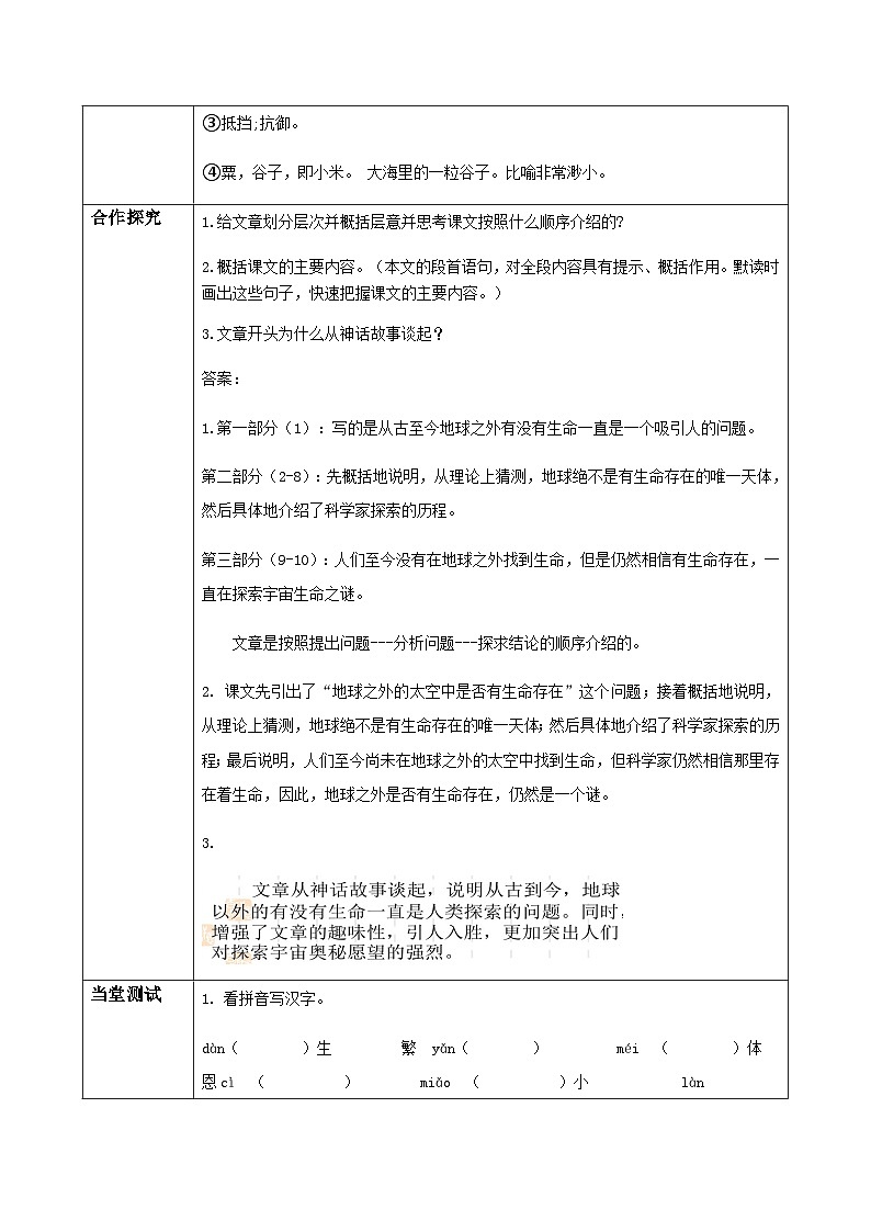 初中六年级上册语文导学案---10.《宇宙生命之谜》导学案02
