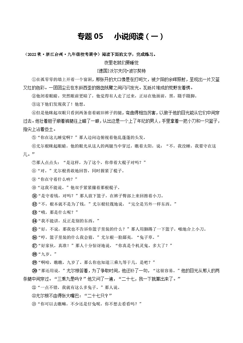 【期中真题】(浙江专用)2023-2024学年九年级语文上学期期中真题分类汇编专题05 小说阅读(一)-试卷.zip01