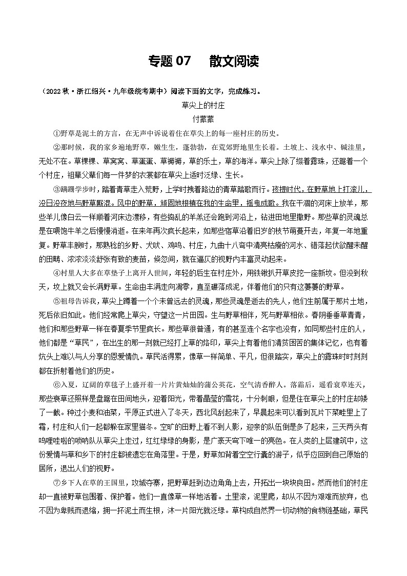 【期中真题】(浙江专用)2023-2024学年九年级语文上学期期中真题分类汇编专题07 散文阅读-试卷.zip01
