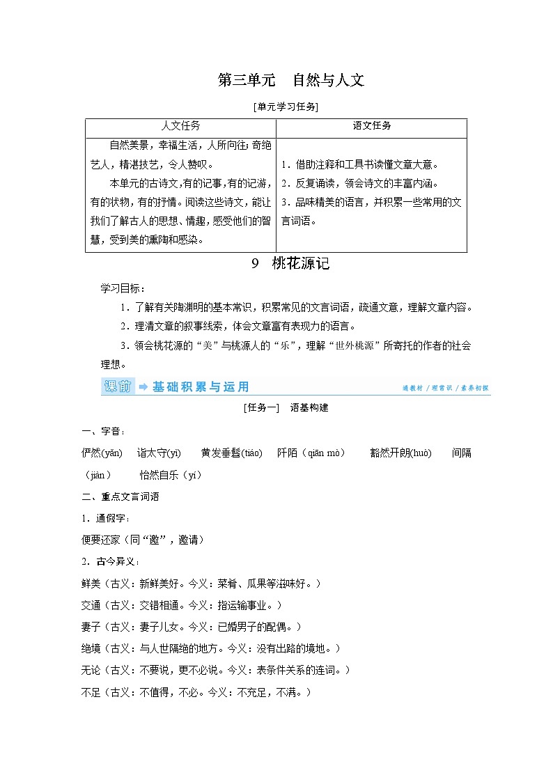 部编版语文八年级下册精品同步讲义第09课桃花源记(含解析)01
