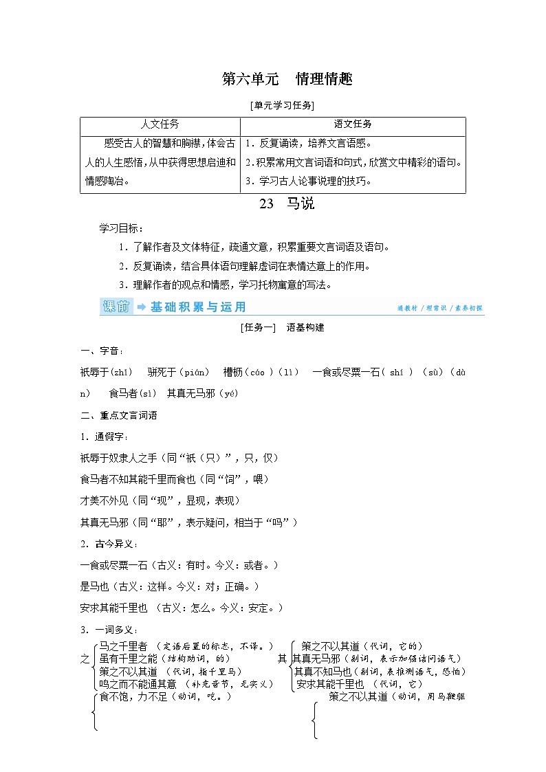 部编版语文八年级下册精品同步讲义第23课马说(含解析)第1页