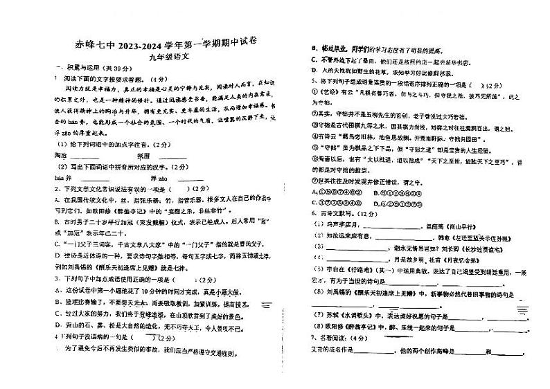 内蒙古自治区赤峰市红山区赤峰第七中学2023-2024学年九年级上学期11月期中语文试题第1页