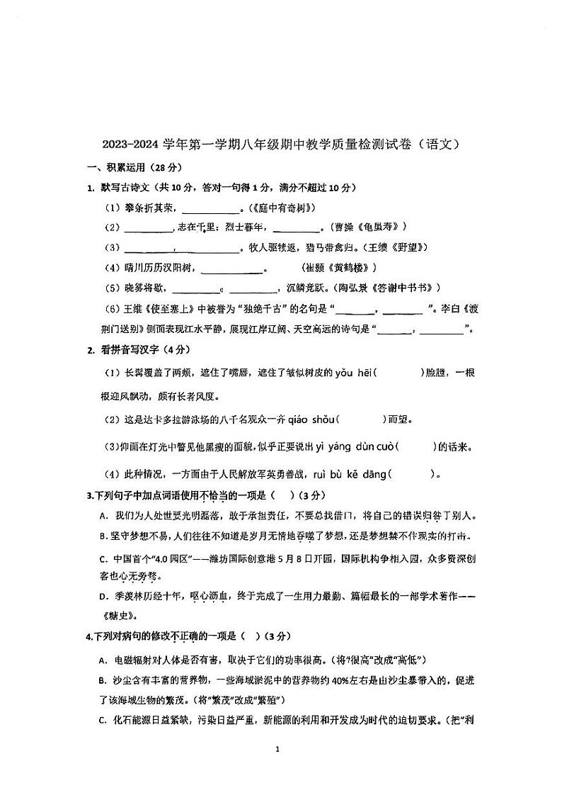 广东省珠海市第九中学2023-2024学年八年级上学期11月期中语文试题01