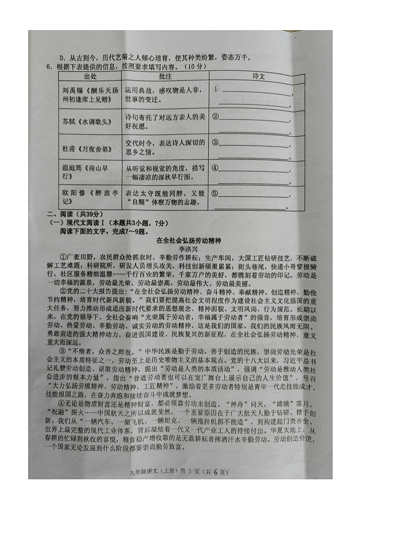 广西壮族自治区北海市合浦县2023-2024学年九年级上学期11月期中语文试题02