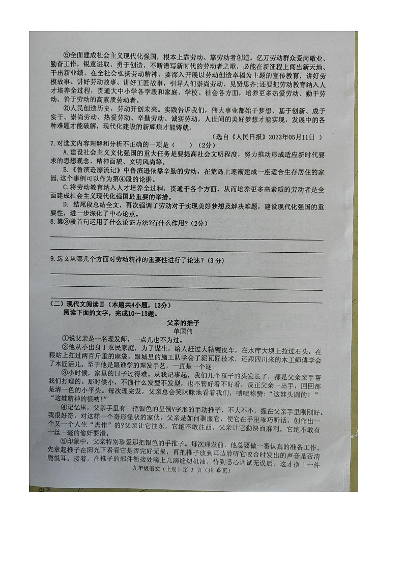 广西壮族自治区北海市合浦县2023-2024学年九年级上学期11月期中语文试题03
