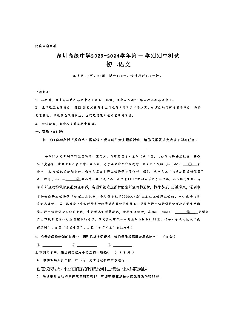 广东省深圳市高级中学2023-2024学年八年级上学期期中测试语文试题01
