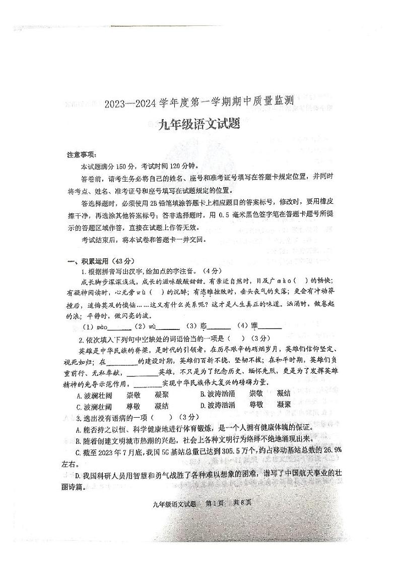 山东省泰安市宁阳县2023-2024学年九年级上学期期中考试语文试题第1页