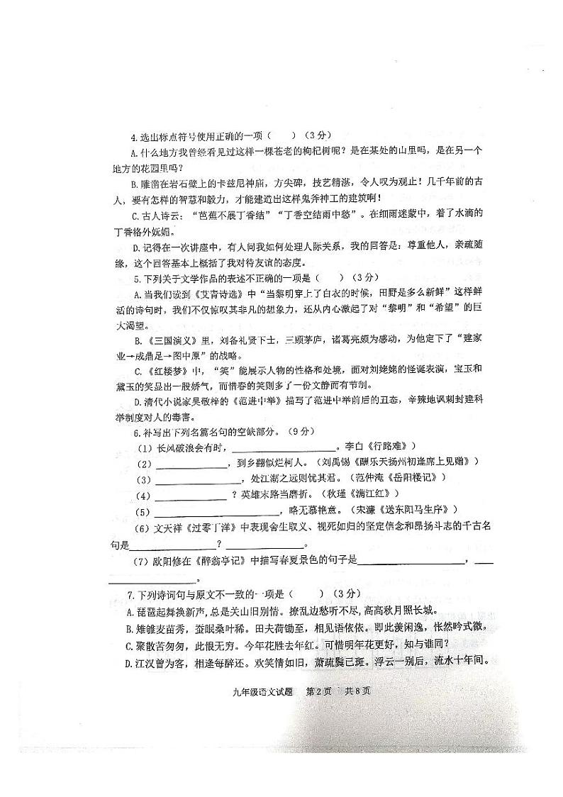 山东省泰安市宁阳县2023-2024学年九年级上学期期中考试语文试题第2页
