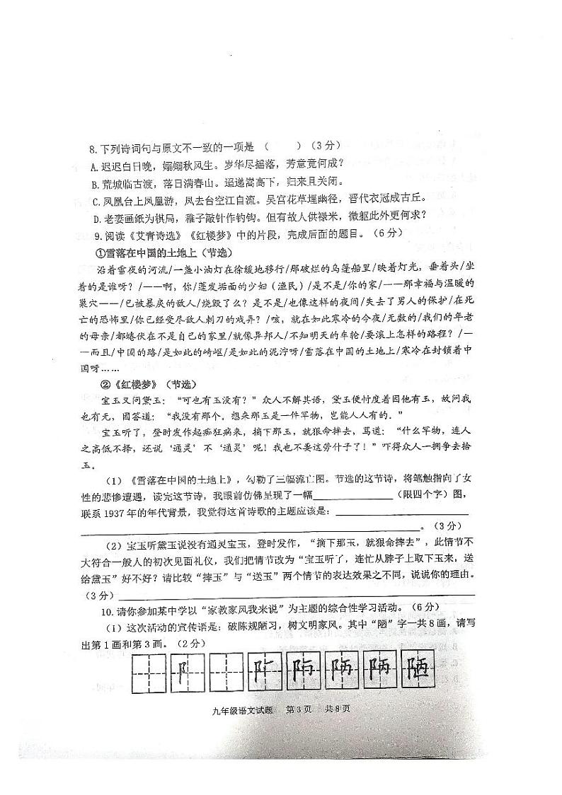 山东省泰安市宁阳县2023-2024学年九年级上学期期中考试语文试题第3页
