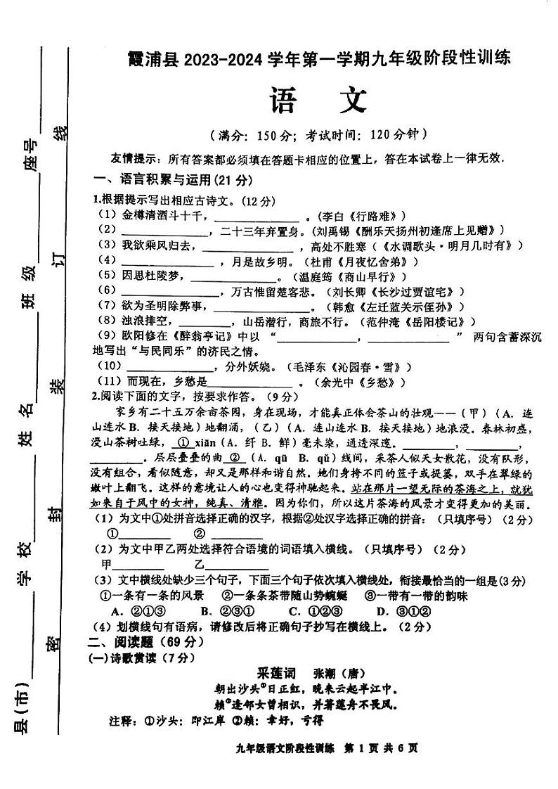 福建省宁德市霞浦县2023-2024学年九年级上学期11月期中语文试题01
