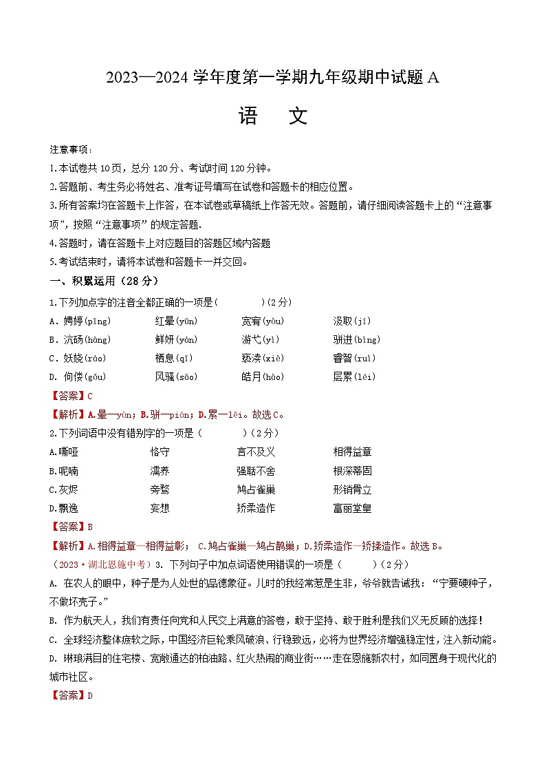 九年级语文上学期期中考点大串讲(统编版)(解析版)第1页