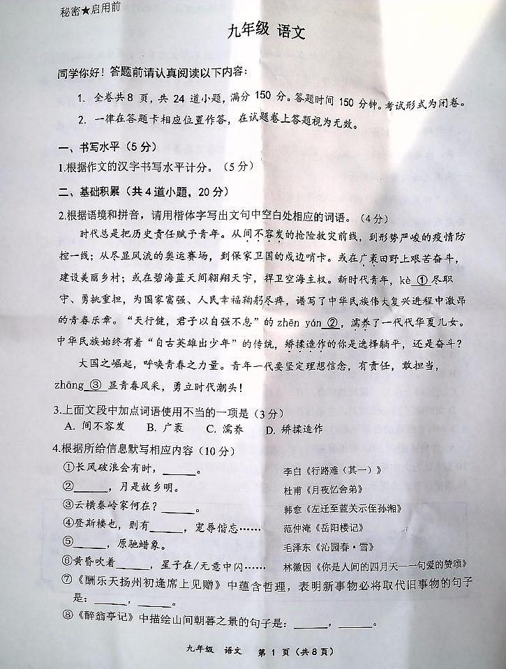 贵州省六盘水市水城区2023-2024学年九年级上学期期中语文试题01