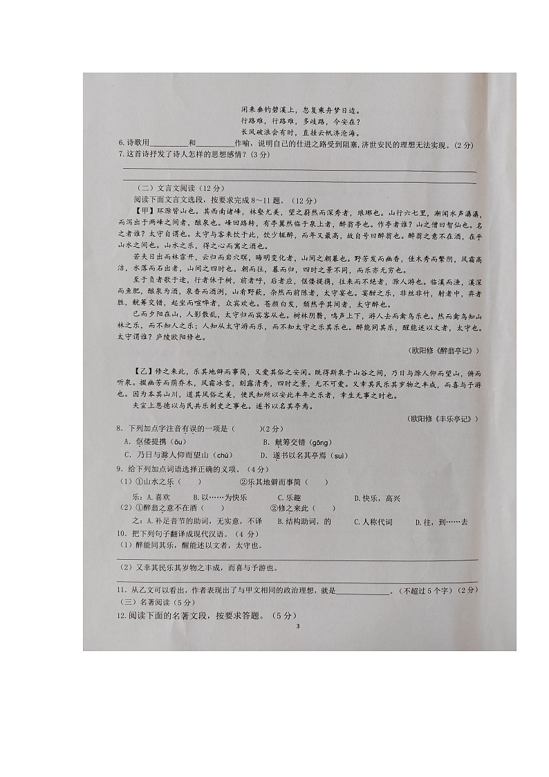海南省澄迈县2023-2024学年九年级上学期期中检测语文试题第3页
