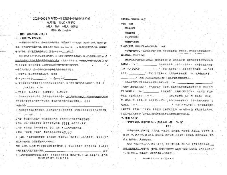 广东省深圳市宝安区海旺学校2023-2024学年九年级上学期期中测试语文试卷01