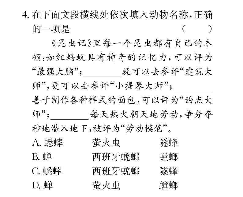 人教版八年级语文上第4单元情感哲思《昆虫记》综合训练(1)课时训练ppt第4页
