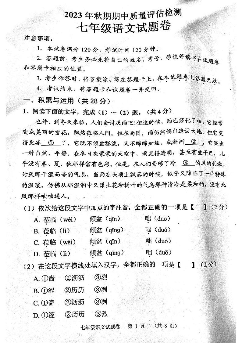 河南省南阳市宛城区2023-2024学年七年级上学期11月期中语文试题01