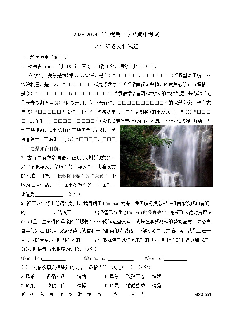 27,广东省江门市新会尚雅学校2023-2024学年八年级上学期11月期中考试语文试题01