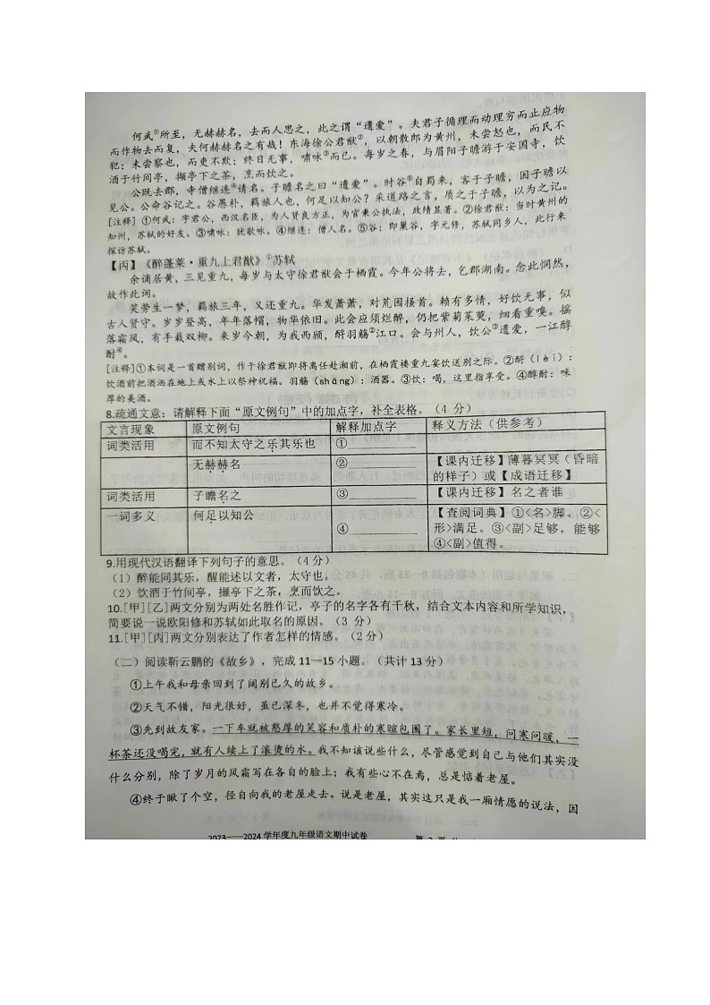 内蒙古自治区乌兰察布市集宁区亿利东方学校2023-2024学年九年级上学期11月期中考试语文试题03