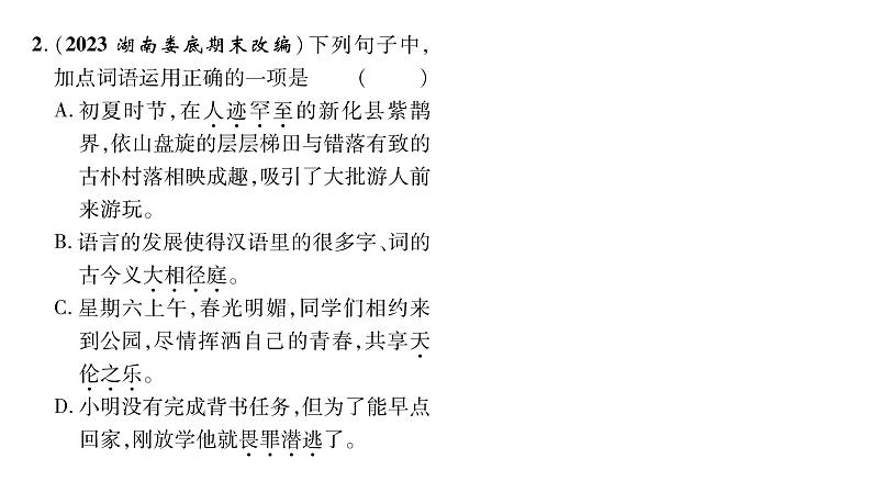人教版七年级语文上期末专题复习专题2词语理解与运用课时训练PPT第3页