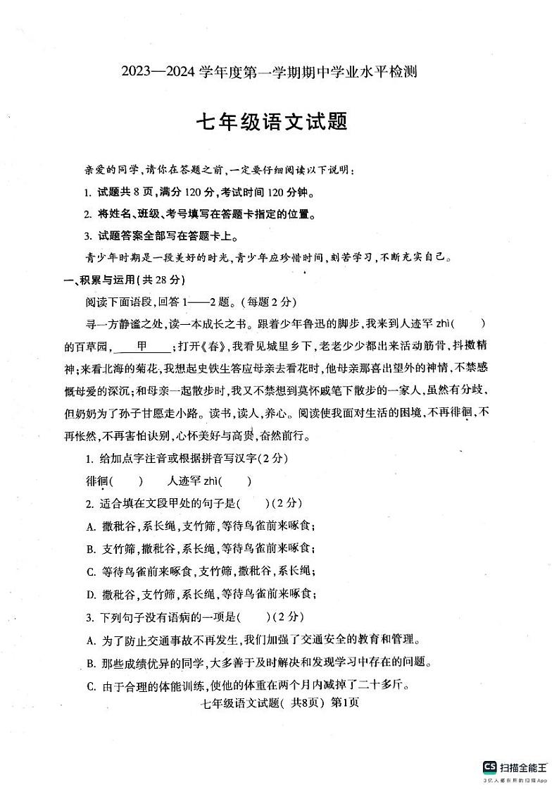 山东省聊城市莘县2023-2024学年七年级上学期11月期中考试语文试题01
