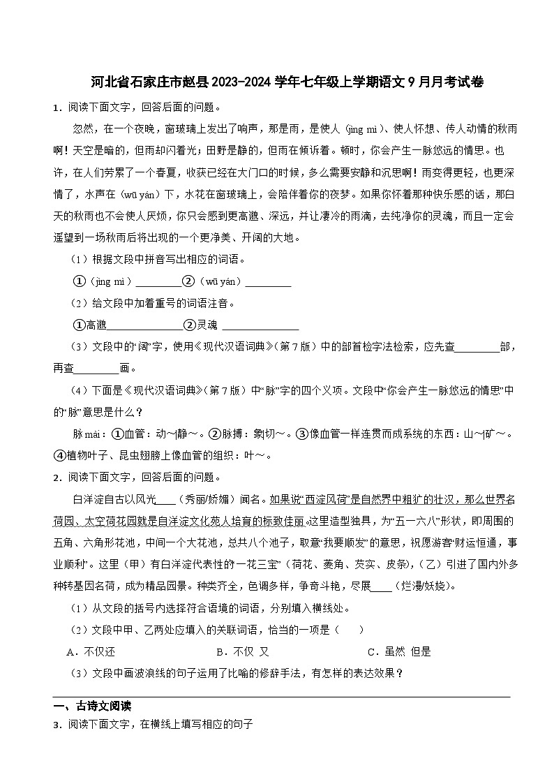 河北省石家庄市赵县2023-2024学年七年级上学期语文9月月考试卷01