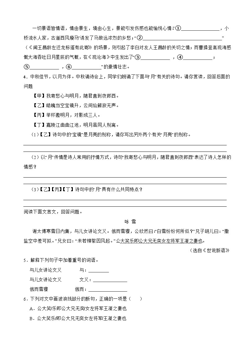 河北省石家庄市赵县2023-2024学年七年级上学期语文9月月考试卷02
