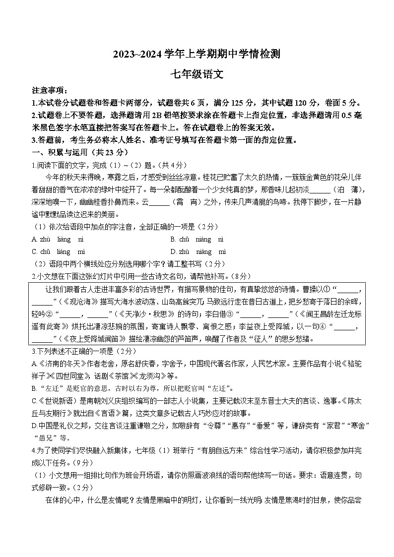 河南省平顶山市郏县2023-2024学年七年级上学期期中语文试题第1页