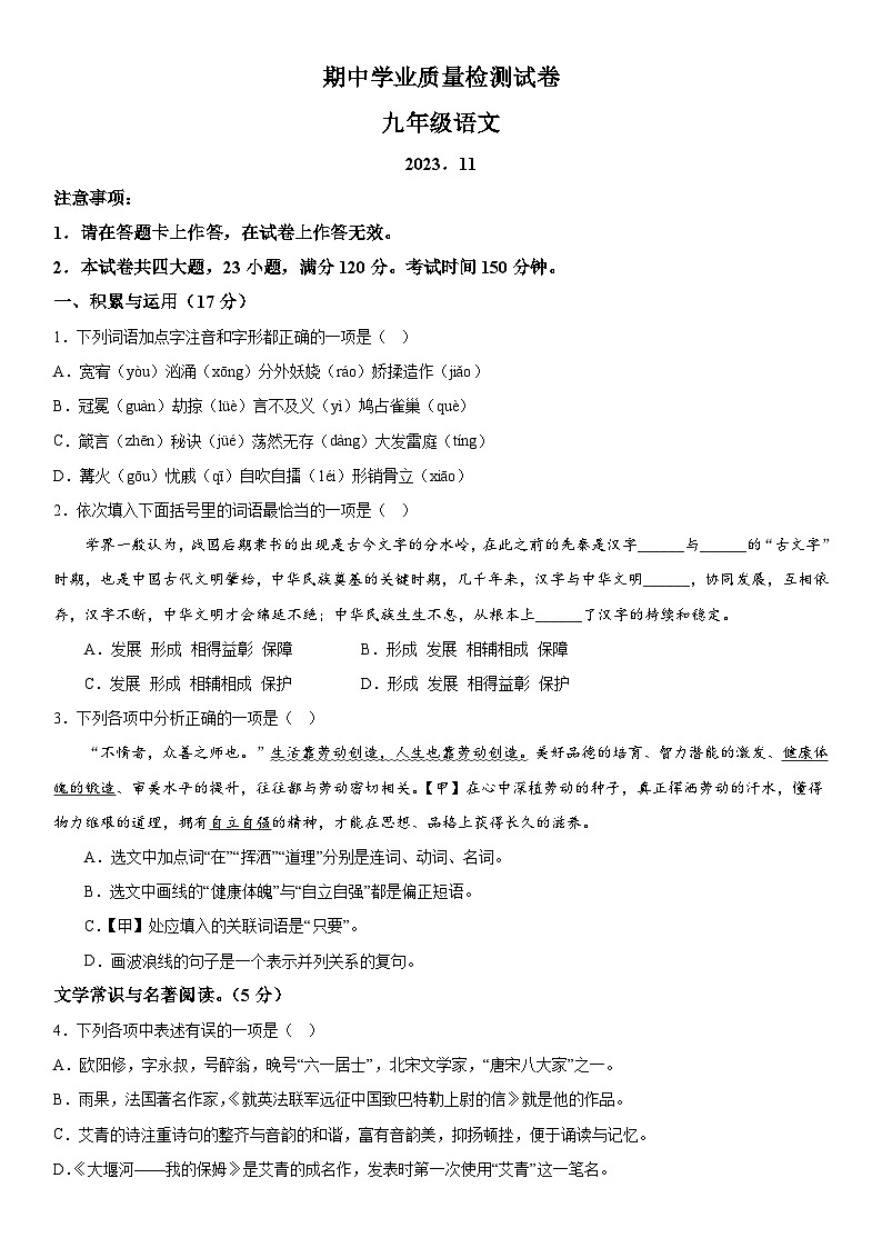 辽宁省大连市金普新区2023-2024学年九年级上学期期中语文试题 含答案解析第1页