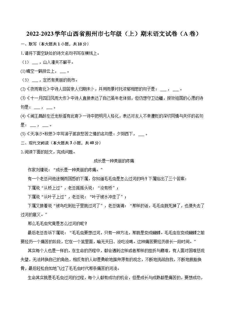 2022-2023学年山西省朔州市七年级(上)期末语文试卷(A卷)(含答案解析)01