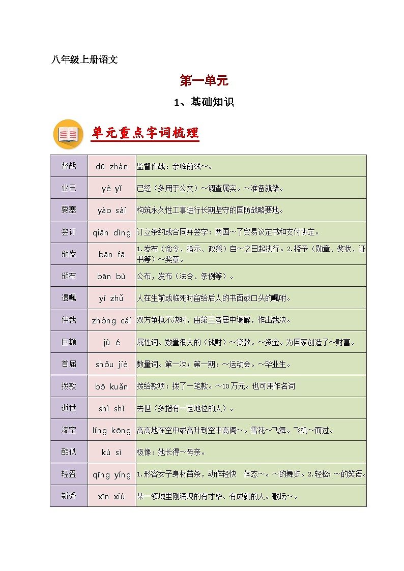 1、第一单元【知识清单】2023-2024学年八年级语文上册期末复习(部编版)01