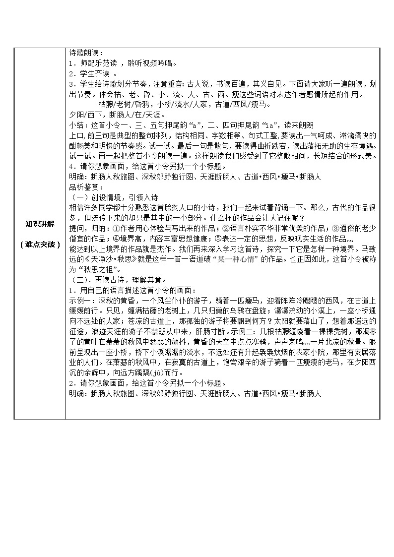 部编版语文七年级上册 第一单元 4天净沙·秋思 教学设计（表格式）02