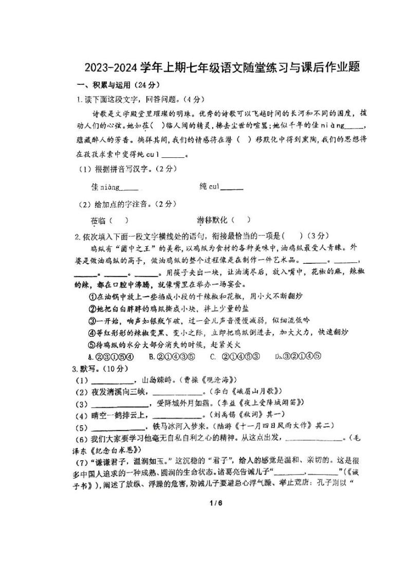 河南省郑州市枫杨外国语学校2023-2024学年七年级上学期12月月考语文试卷01