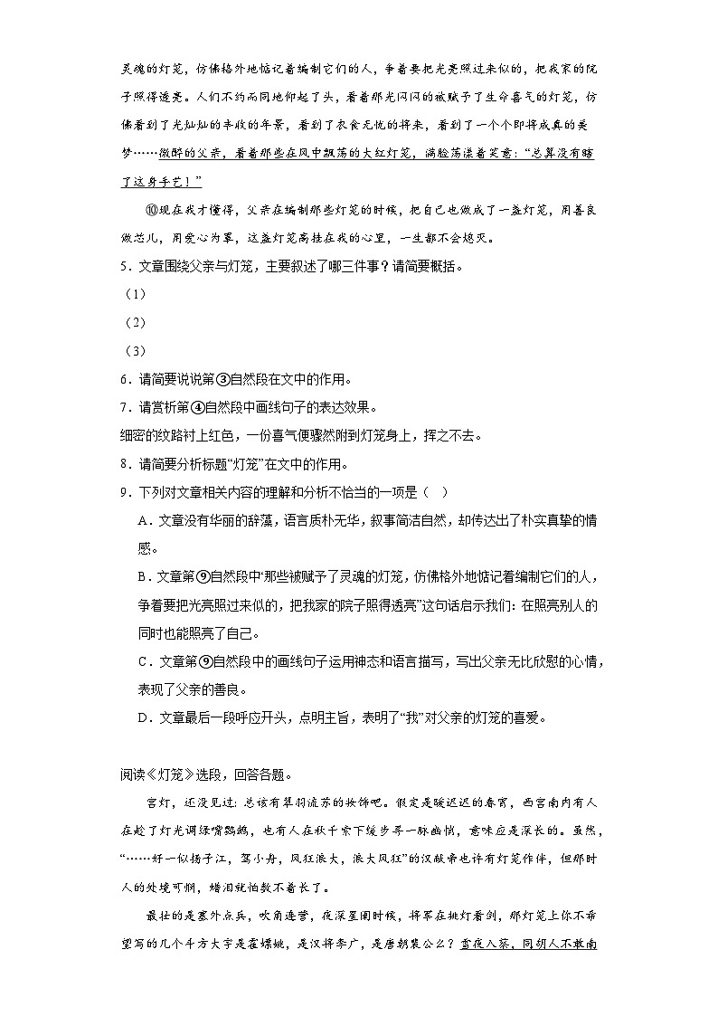 4.灯笼同步练习 部编版语文八年级下册第3页
