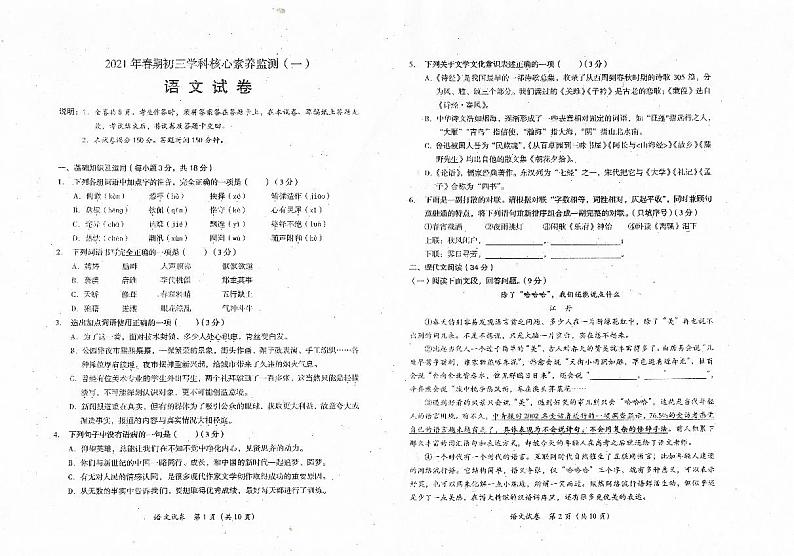 四川省德阳市中江县2020-2021学年九年级下学期期中考试语文试卷第1页