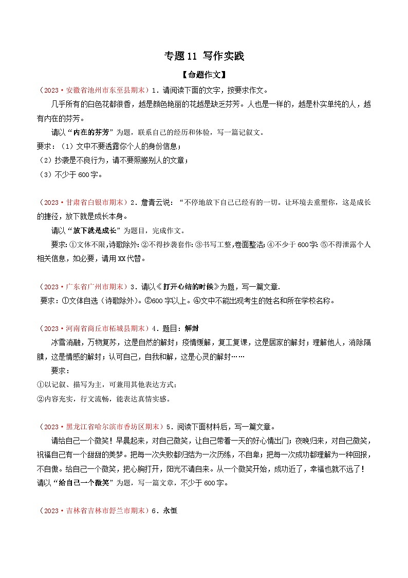专题11:写作实践(考题猜想)-2023-2024学年九年级语文上学期期末考点大串讲(统编版)(原卷版)第1页