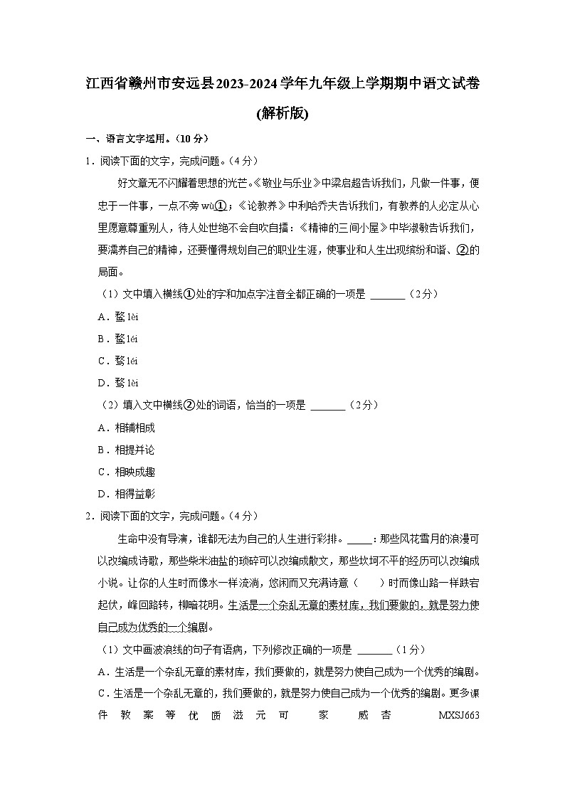 江西省赣州市安远县2023-2024学年九年级上学期期中语文试卷01