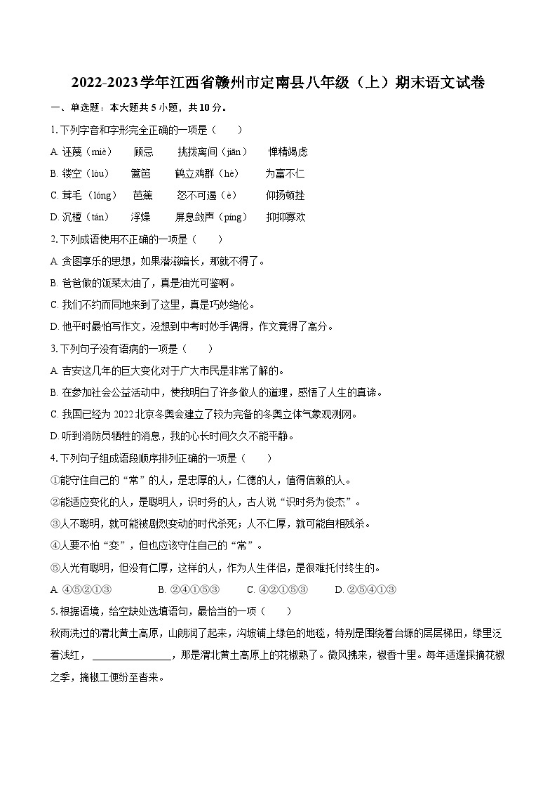 2022-2023学年江西省赣州市定南县八年级（上）期末语文试卷（含详细答案解析）01
