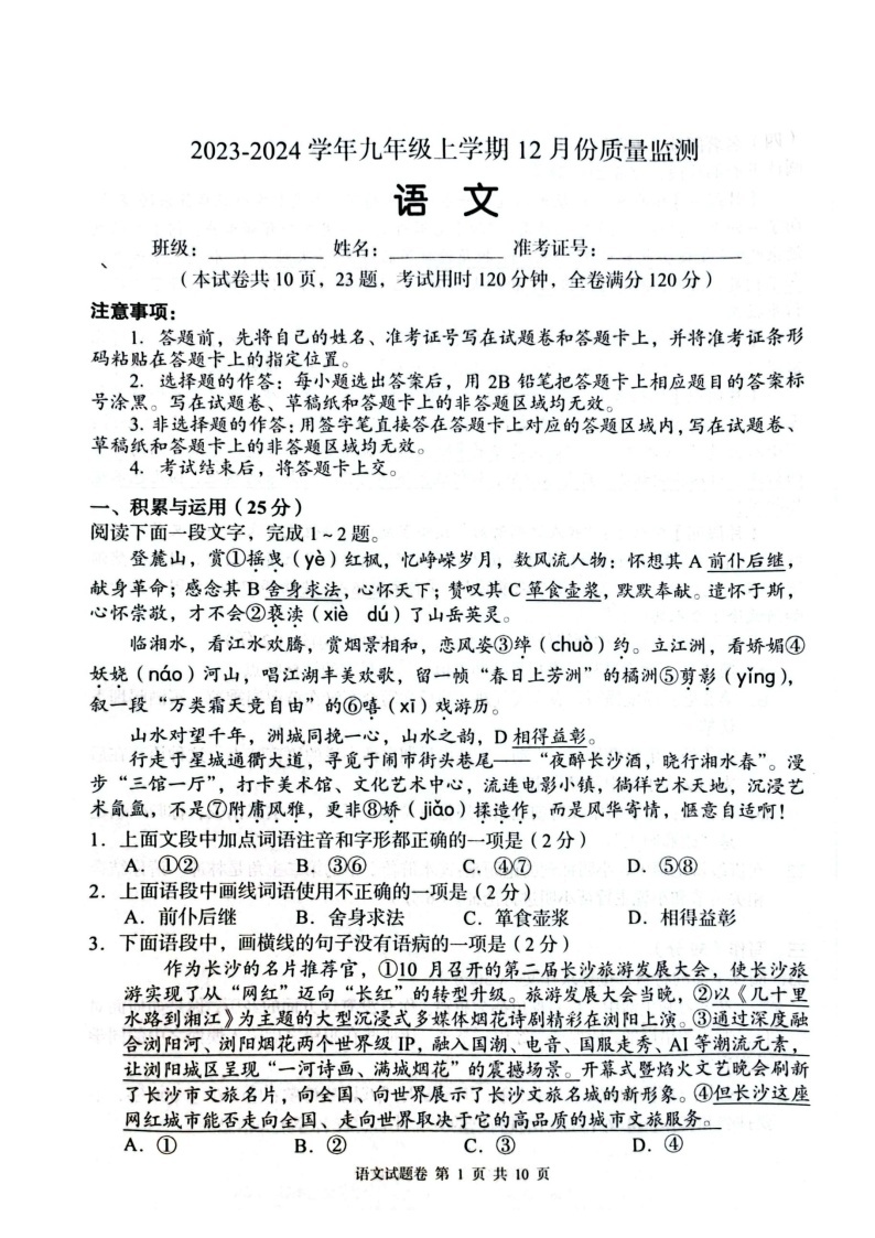 湖南省周南教育集团2023-2024学年九年级上学期12月月考语文试题01