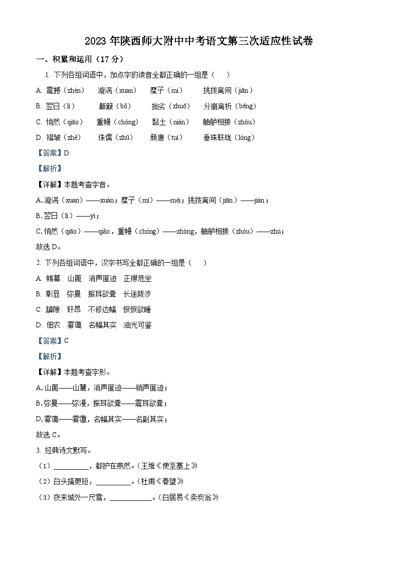 陕西省西安市陕西师范大学附属中学2022-2023学年九年级下学期月考语文试题答案01