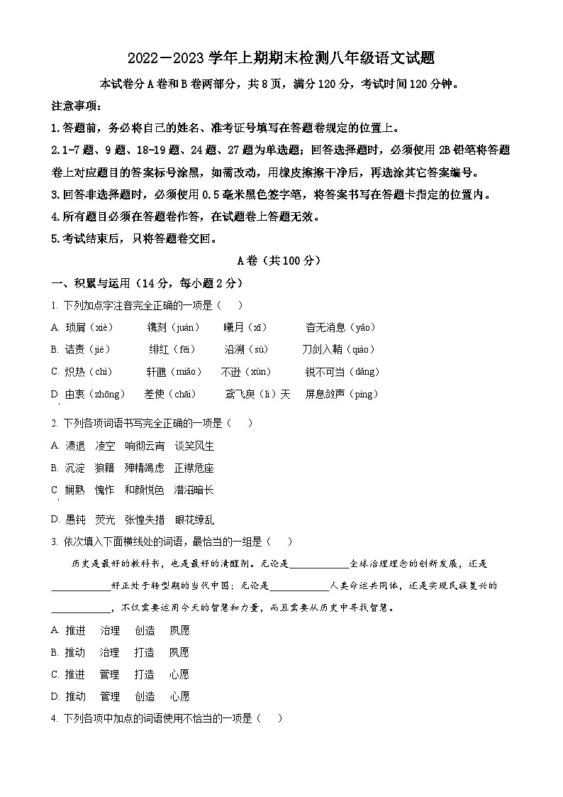 四川省某市2022-2023学年八年级上学期期末语文试题01