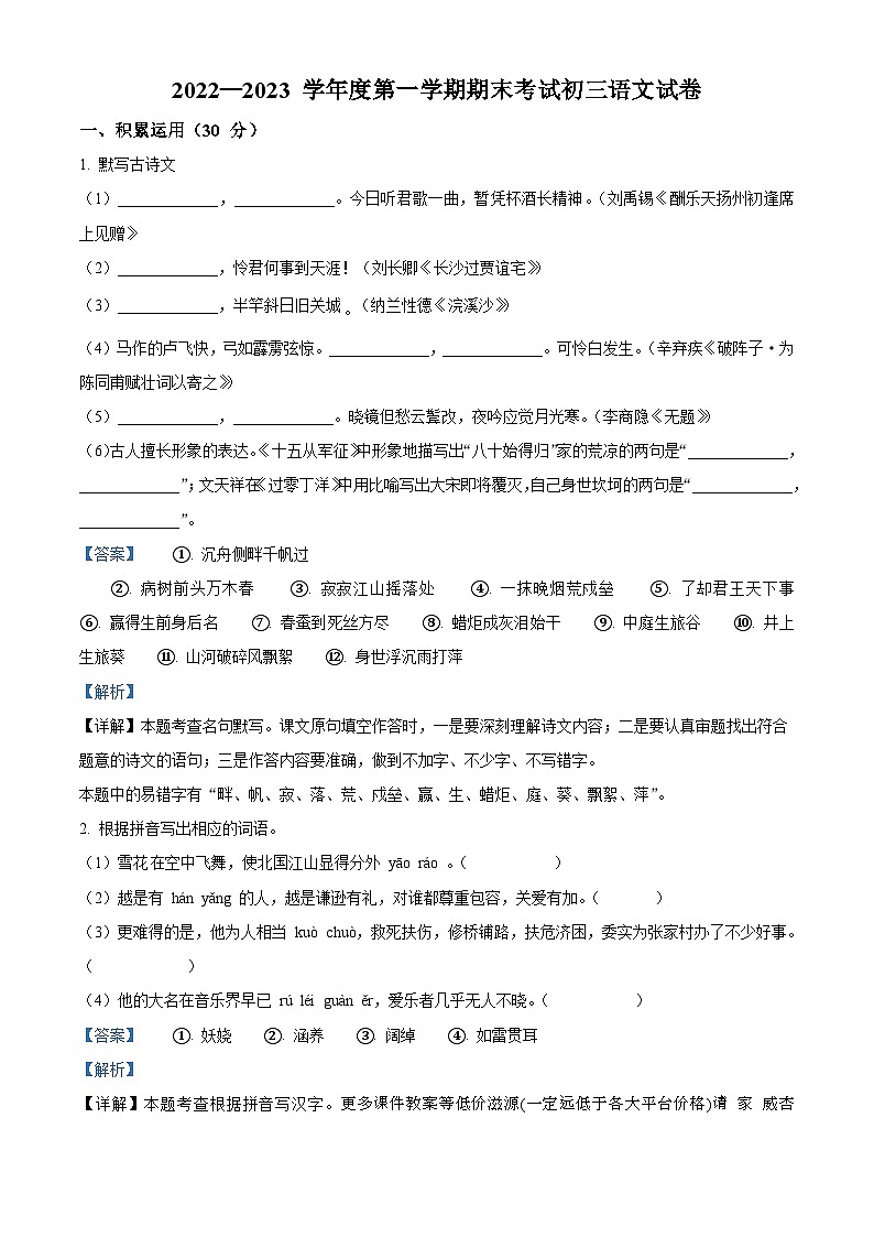 广东省茂名市祥和中学2022-2023学年九年级上学期期末语文试题01