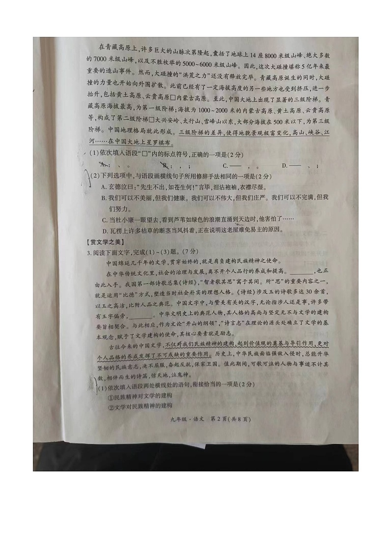 甘肃省兰州市红古区2023-2024学年九年级上学期1月期末语文试题第2页