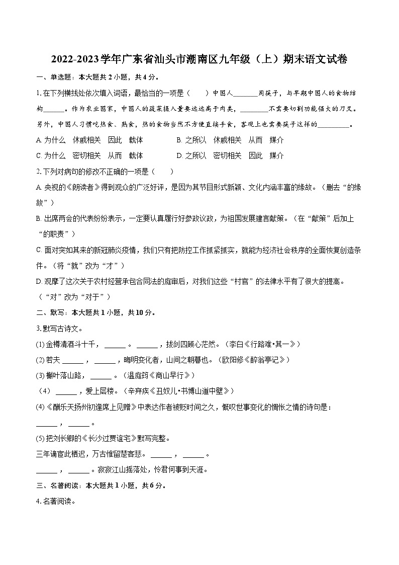 2022-2023学年广东省汕头市潮南区九年级（上）期末语文试卷（含详细答案解析）01