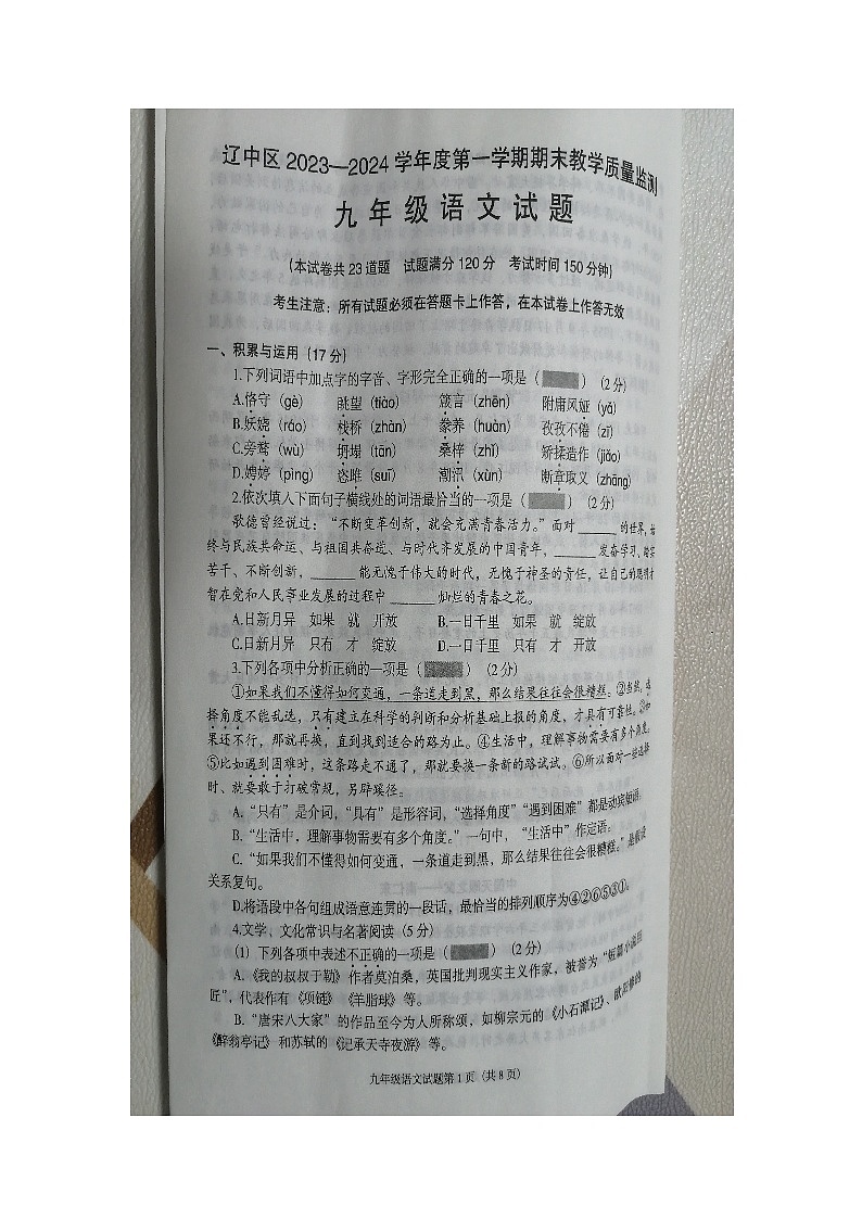 辽宁省沈阳市辽中区2023-2024学年九年级上学期1月期末语文试题01